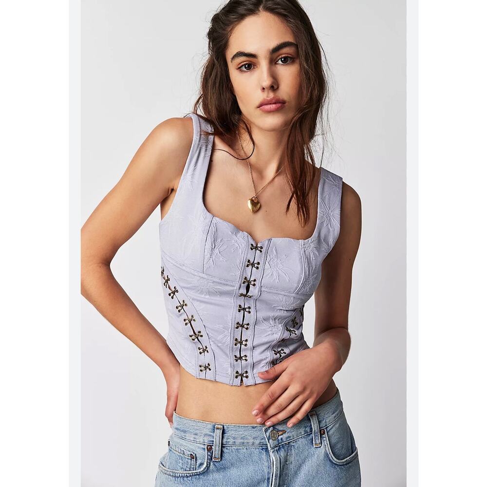NWT Free People Don’t Look Back Bustier Top Jacquard Chambray Blue Lavender L